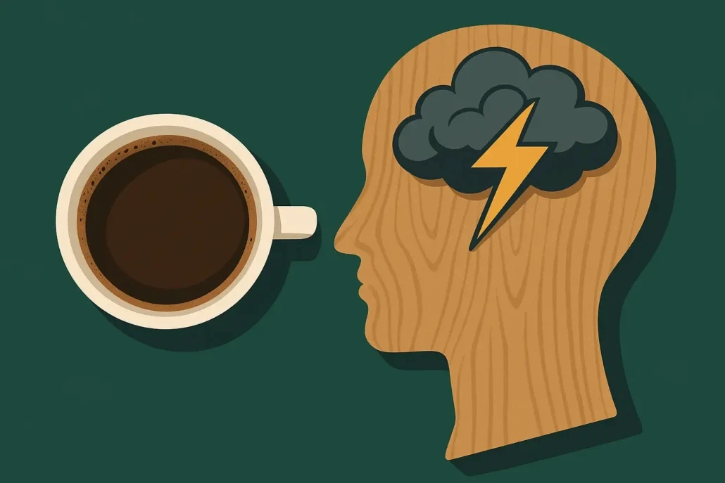 تصویر وکتور افقی از فنجان قهوه و طرح سر انسان با نماد ابر و رعد در پسزمینه سبز تیره، نماد تعادل میان انرژی قهوه و اضطراب ذهنی.