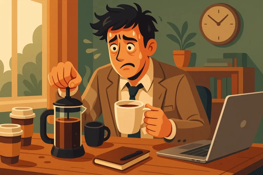 تصویر دیجیتال وکتور از کارمند مضطرب در محیط کار در حال دمآوری و نوشیدن بیش از حد قهوه با فرنچ پرس، الهامگرفته از فضای سبز و نارنجی برند قهوه اسکلت.