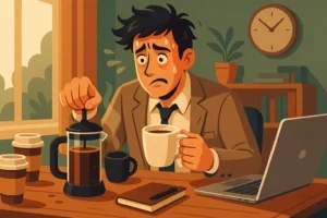 تصویر دیجیتال وکتور از کارمند مضطرب در محیط کار در حال دم‌آوری و نوشیدن بیش از حد قهوه با فرنچ پرس، الهام‌گرفته از فضای سبز و نارنجی برند قهوه اسکلت.